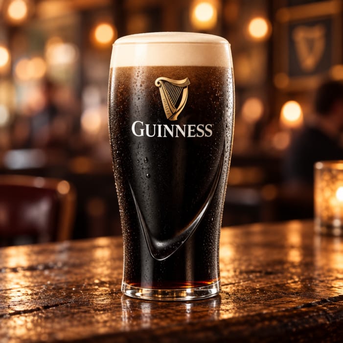 Freshly poured pint of Guinness Draught with creamy head in a traditional pub