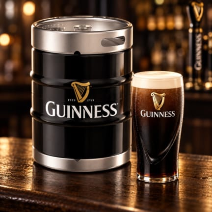 Guinness 50 Litre Draught Keg with freshly poured pint of Guinness