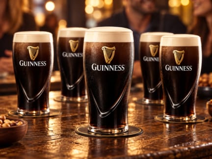 Freshly poured pints of Guinness Draught served together in a pub