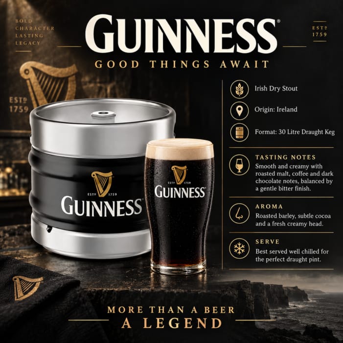 Guinness 30 Litre Draught Keg with freshly poured pint of Guinness