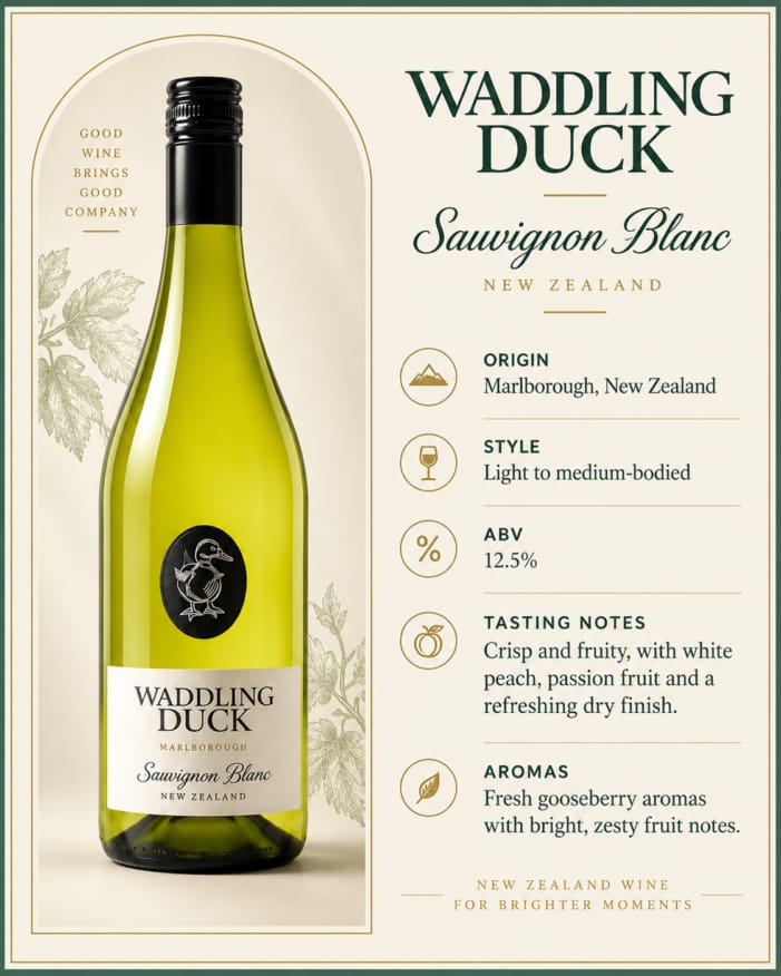 product cardWaddling Duck Sauvignon Blanc tasting notes showing Marlborough origin, peach, passion fruit and gooseberry