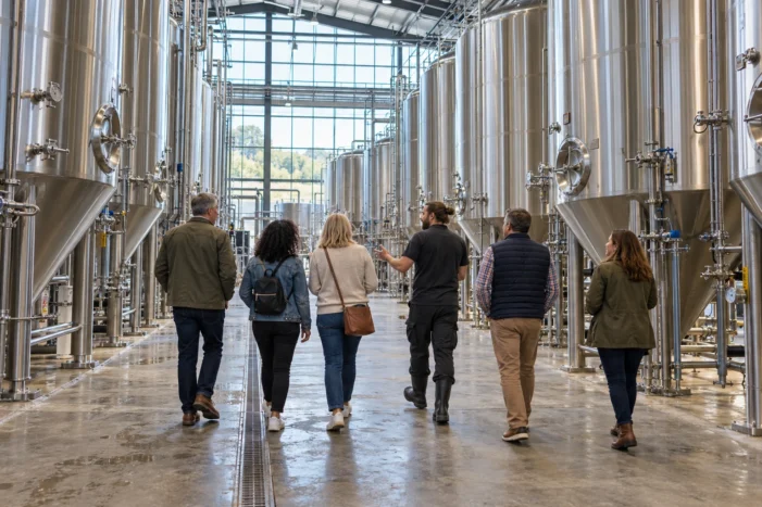 Illustrative small-group brewery tour beside stainless steel brewing tanks