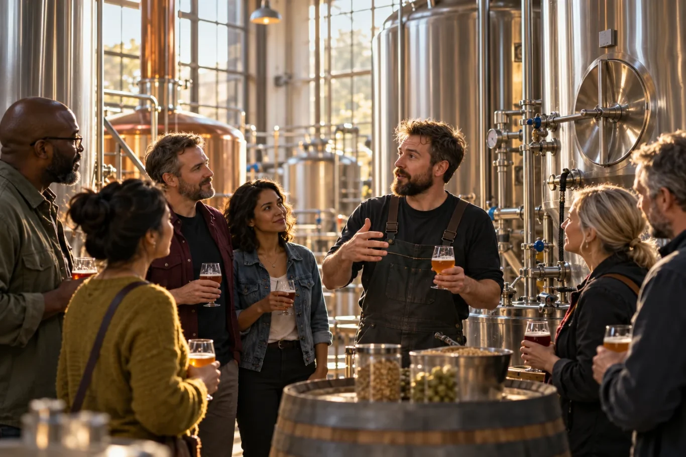 Illustrative tour of an independent brewery with a brewer and adult visitors
