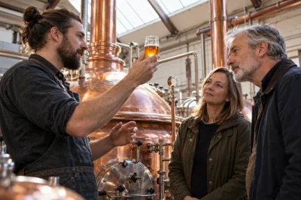 Illustrative brewery tour with a brewer and a small group of adult visitors