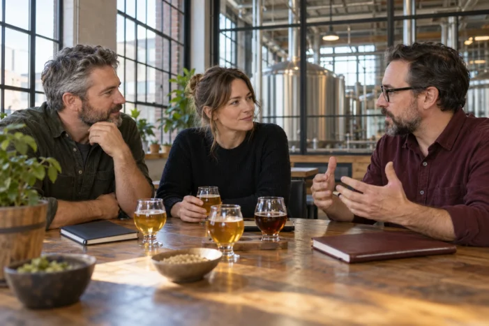 Illustrative brewery tour with a brewer and a small group of adult visitors