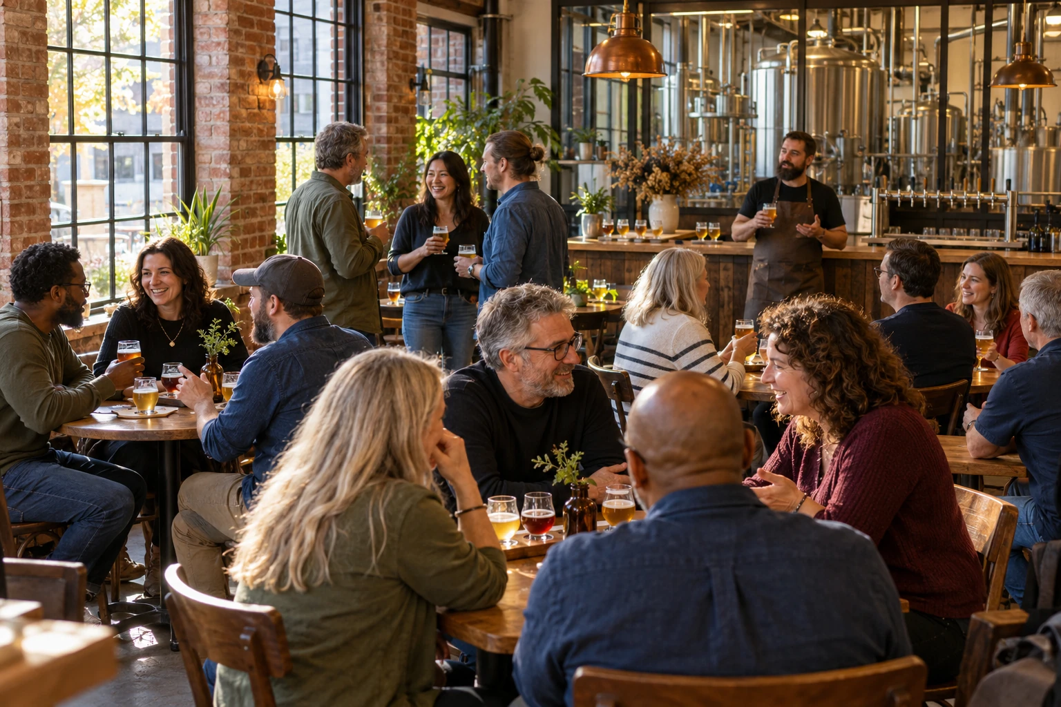 Illustrative group of adult beer fans sharing a brewery taproom tasting and food