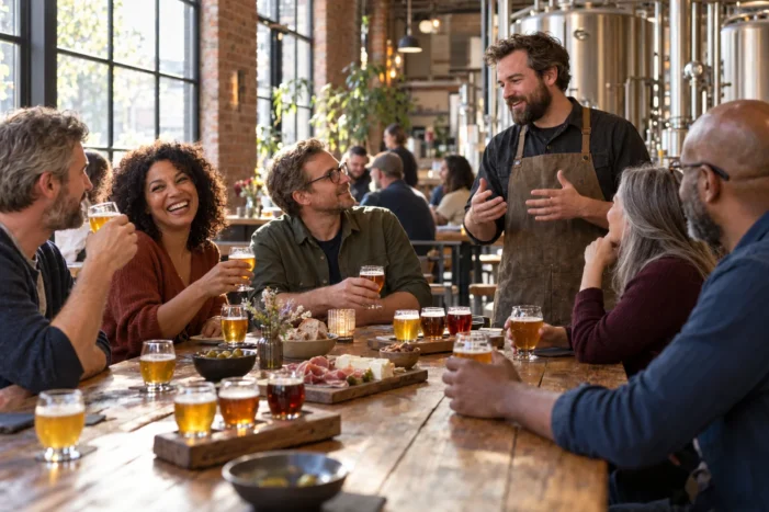 Illustrative brewery taproom tasting with beer fans around a table