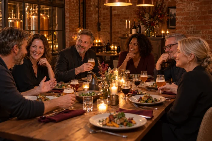 Illustrative brewery taproom tasting with beer fans around a table