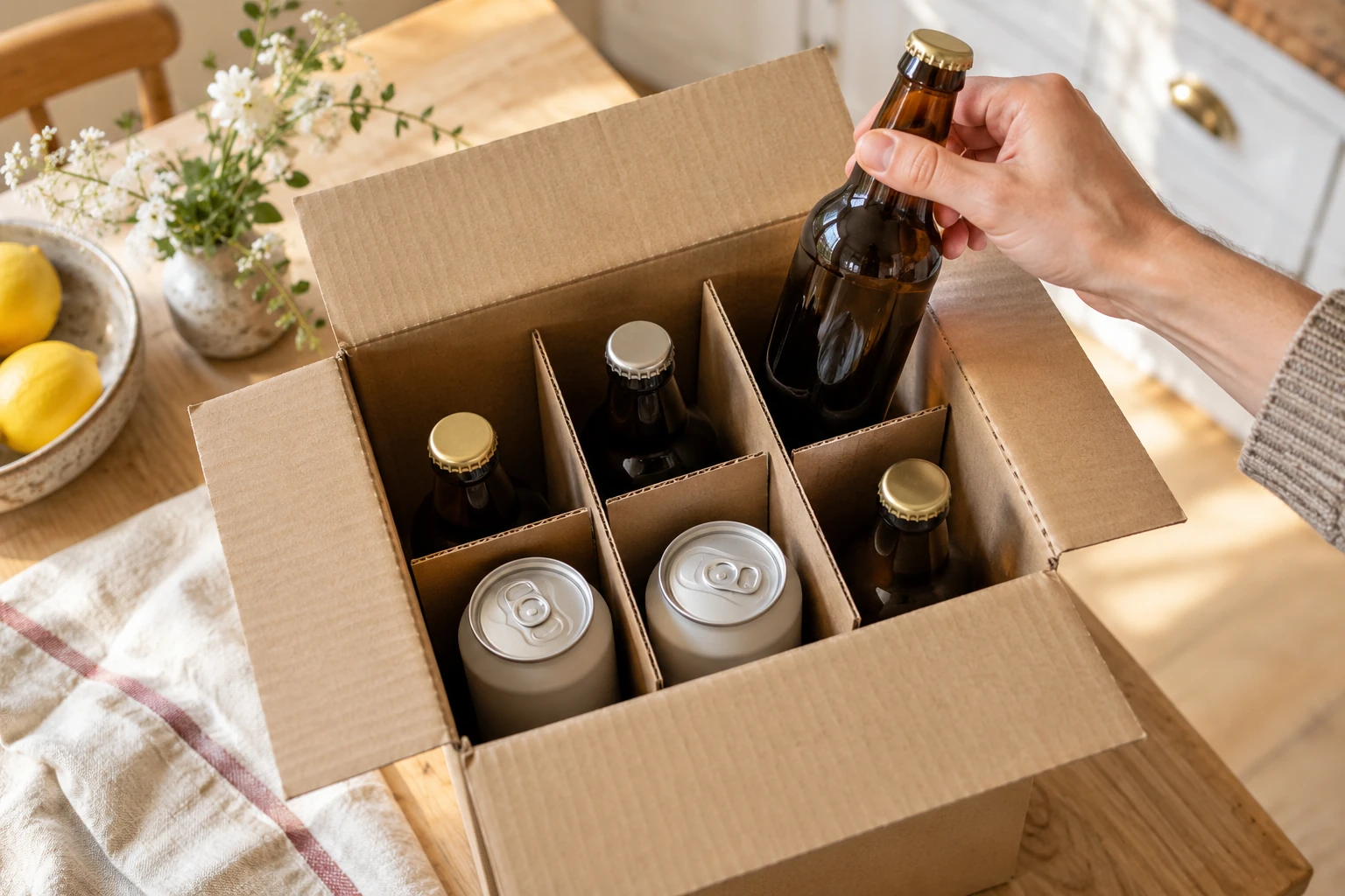 Illustrative open quarterly taster box containing a selection of craft beers