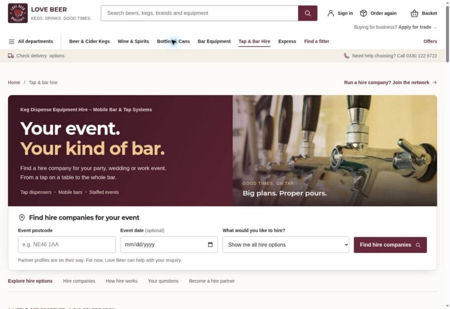 Tap and Bar Hire design showing draught taps and an event finder with postcode, date and hire type controls