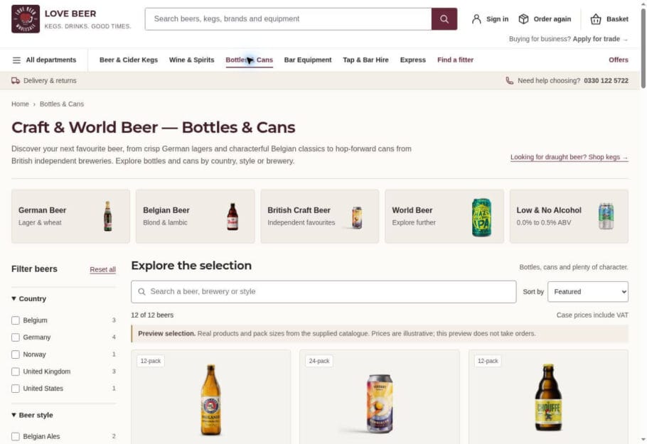 Bottles and Cans preview showing German, Belgian and British craft beer collections, filters and product photography