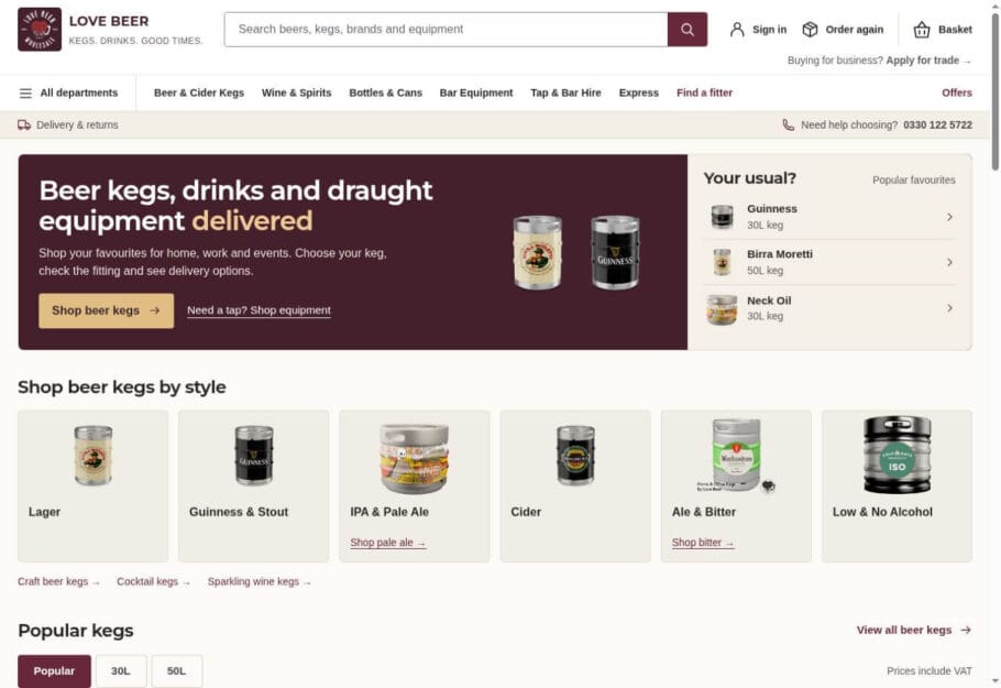 New Love Beer homepage showing product search, popular keg brands and shopping by beer style