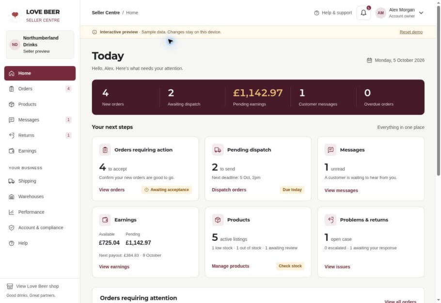 Seller Centre demo with a white sidebar, order and dispatch cards, stock tools, customer messages and illustrative earnings